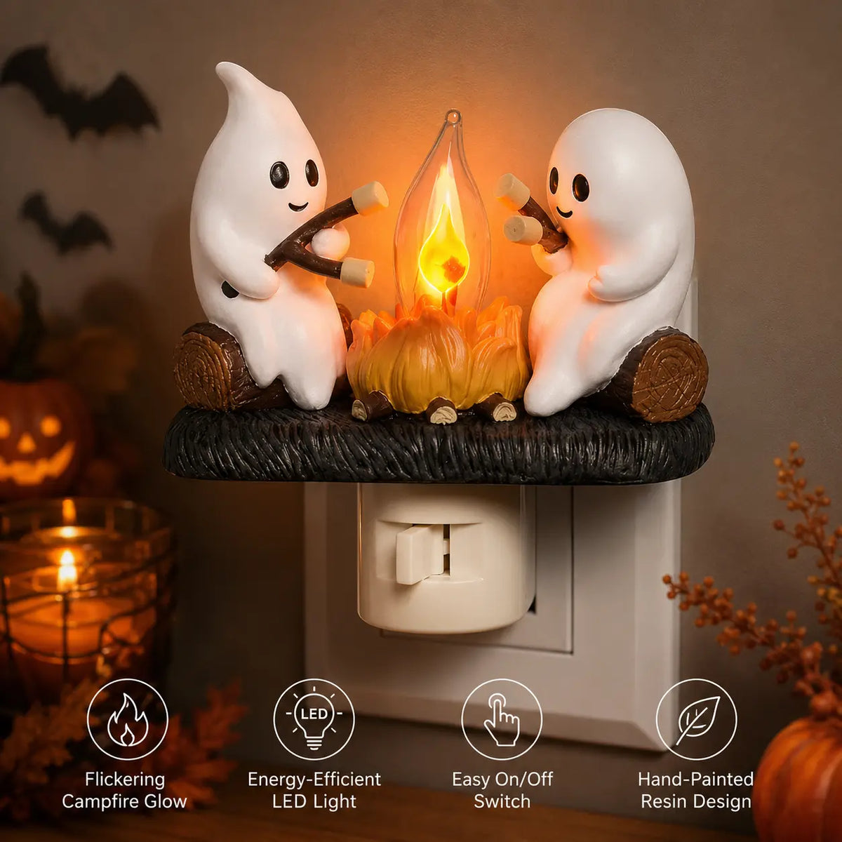 3D-Flacker-Lagerfeuer-Stecker-Nachtlicht, LED-Nachtlicht mit Halloween- und Weihnachtsfiguren, niedliche Indoor-Feiertagsdekoration für Schlafzimmer, Flur und Geschenke, Harz