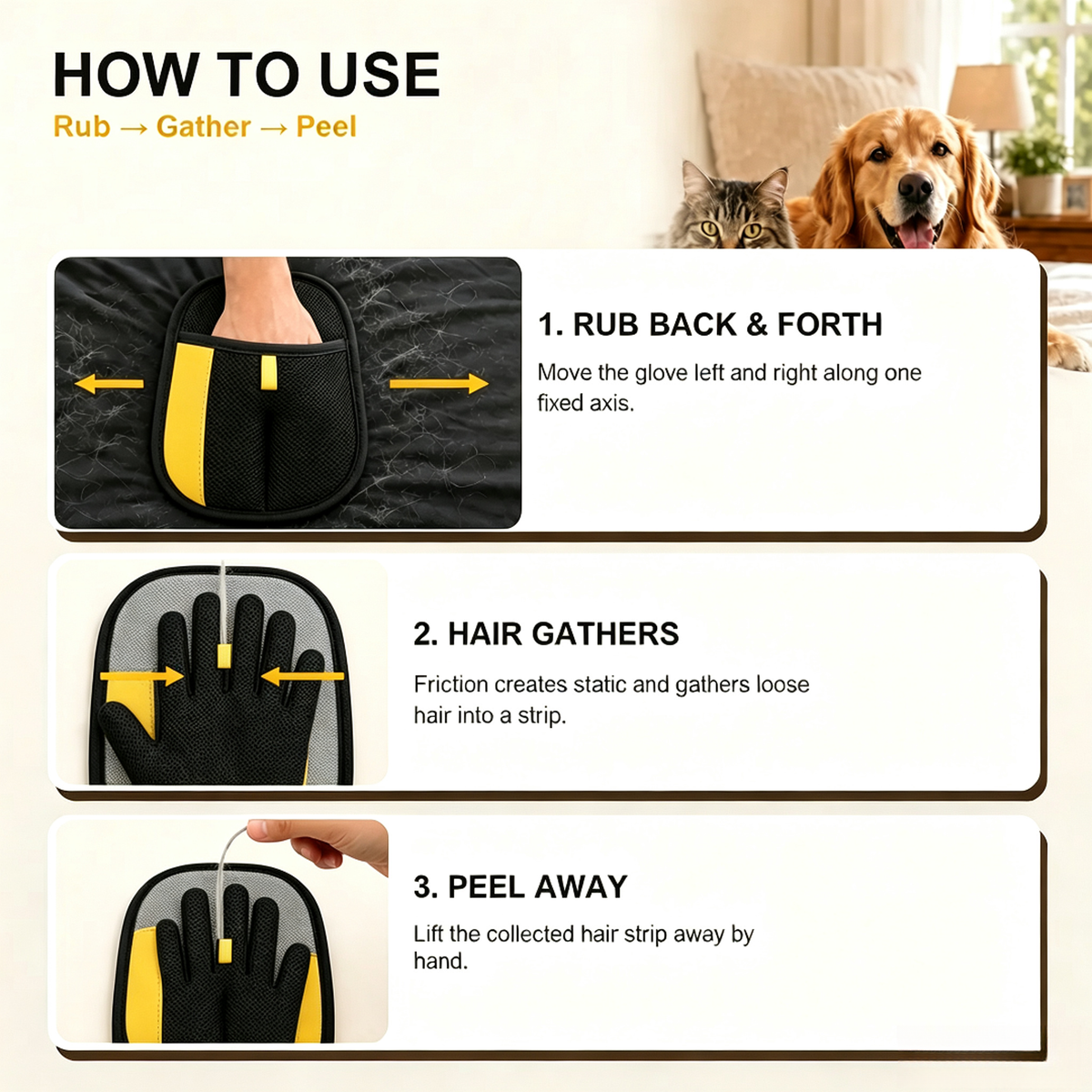 Pet Hair Remover Glove for Cats & Dogs, Reusable Electrostatic Lint Remover Mitt for Furniture, Couch, Carpet & Clothes
