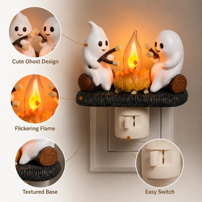 3D-Flacker-Lagerfeuer-Stecker-Nachtlicht, LED-Nachtlicht mit Halloween- und Weihnachtsfiguren, niedliche Indoor-Feiertagsdekoration für Schlafzimmer, Flur und Geschenke, Harz