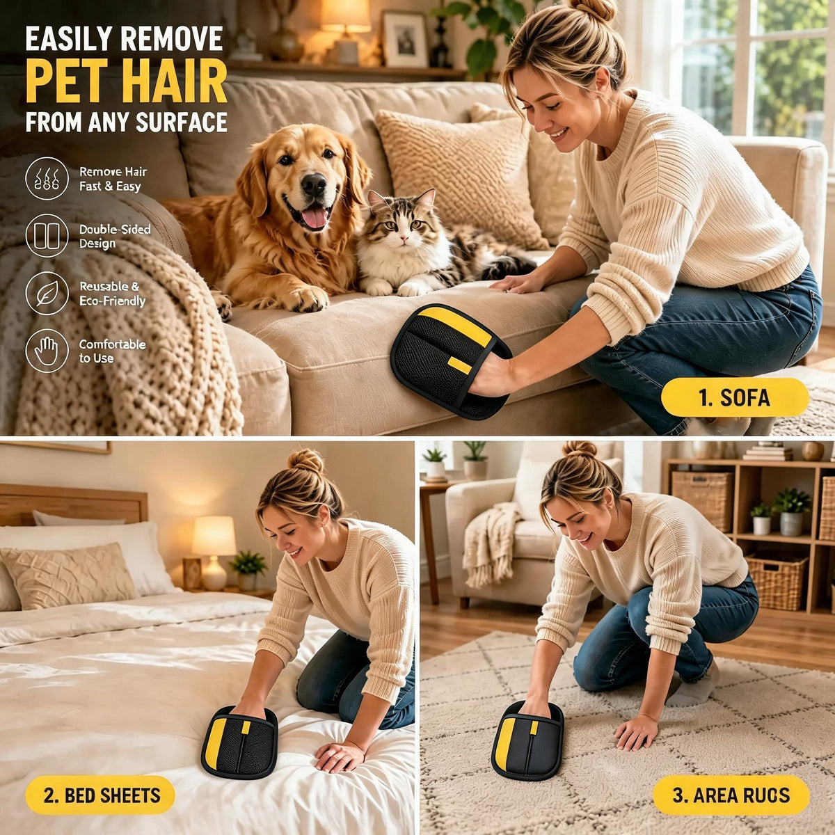 Pet Hair Remover Glove for Cats & Dogs, Reusable Electrostatic Lint Remover Mitt for Furniture, Couch, Carpet & Clothes