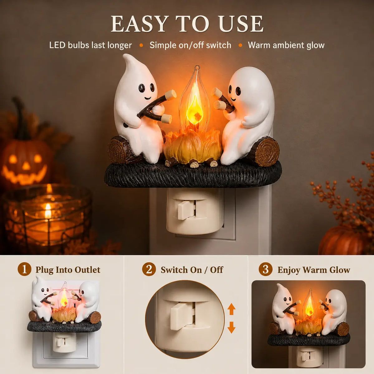 3D-Flacker-Lagerfeuer-Stecker-Nachtlicht, LED-Nachtlicht mit Halloween- und Weihnachtsfiguren, niedliche Indoor-Feiertagsdekoration für Schlafzimmer, Flur und Geschenke, Harz