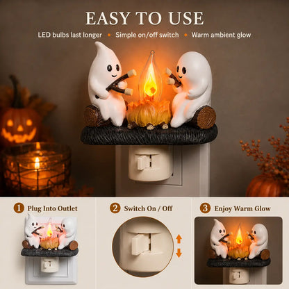 3D-Flacker-Lagerfeuer-Stecker-Nachtlicht, LED-Nachtlicht mit Halloween- und Weihnachtsfiguren, niedliche Indoor-Feiertagsdekoration für Schlafzimmer, Flur und Geschenke, Harz
