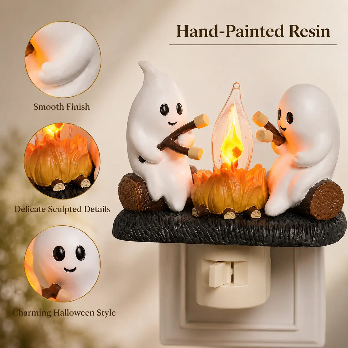 3D-Flacker-Lagerfeuer-Stecker-Nachtlicht, LED-Nachtlicht mit Halloween- und Weihnachtsfiguren, niedliche Indoor-Feiertagsdekoration für Schlafzimmer, Flur und Geschenke, Harz