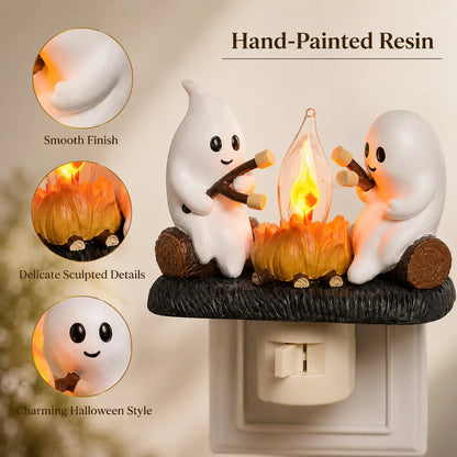3D-Flacker-Lagerfeuer-Stecker-Nachtlicht, LED-Nachtlicht mit Halloween- und Weihnachtsfiguren, niedliche Indoor-Feiertagsdekoration für Schlafzimmer, Flur und Geschenke, Harz